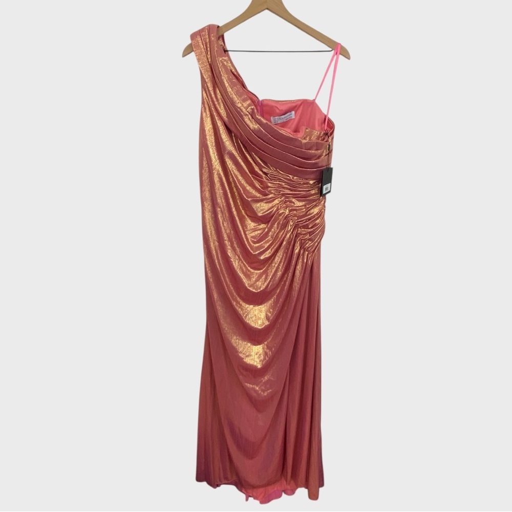 Mac Duggal NEW Metallic Pink Off The Shoulder Ruched Waist Slit Gown NWT Size 16 - Picture 10 of 10